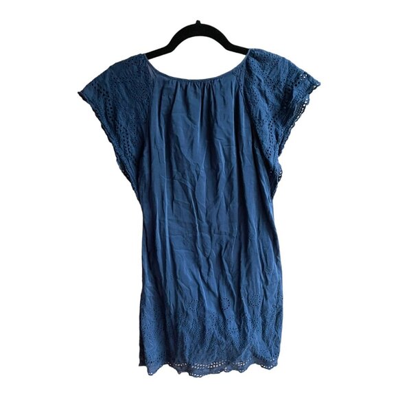 Madewell Size XXS Navy Blue Cotton Silk Eyelet Flutter Sleeve Shimmer Mini Dress - Picture 7 of 7